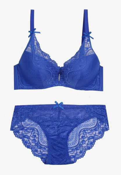Granatowy Komplet Koronkowy z Kokardkami Majtki typu Figi i Biustonosz Full Cup Iriniues. Niebieskie figi Renee, bez wzorów, z koronki. Za 39.99 zł.