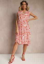 Czerwona Rozkloszowana Sukienka z Bawełny w Geometryczny Wzór Annilessa. Czerwone sukienki Renee, na co dzień, l, bez wzorów, z bawełny, eleganckie, bez kołnierzyka, bez ramiączek, midi, rozkloszowane. W wyprzedaży za 39.99 zł.