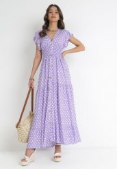 Fioletowa Sukienka Maxi w Groszki z Szeroką Gumką w Pasie Khalsa. Fioletowe sukienki Born2be, l, bez wzorów, bez kołnierzyka, bez ramiączek, maxi. Za 99.99 zł.