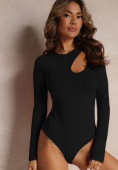 Czarne Body z Wycięciem i Długim Rękawem Ollisma. Czarne body i gorsety Renee, bez wzorów, bez ramiączek. W wyprzedaży za 75.99 zł.