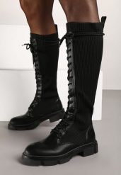 Czarne Sznurowane Kozaki na Płaskiej Podeszwie z Elastyczną Cholewką Annathe. Czarne kozaki Born2be, bez wzorów, z jeansu, eleganckie, bez obcasa, na płaskiej podeszwie, bez zapięcia. Za 84.99 zł.