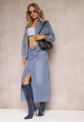 Niebieska Jeansowa Spódnica Midi Abexa. Niebieskie spódnice Renee, s, z aplikacjami, z jeansu, eleganckie, midi. W wyprzedaży za 62.99 zł.