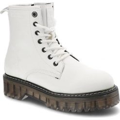 Glany damskie Big Star, cholewka ze skóry ekologicznej z wysoką formą i klasycznym sznurowaniem, KK274536,. Białe botki BIG STAR, bez wzorów, ze skóry ekologicznej, klasyczne, bez obcasa, na płaskiej podeszwie, bez zapięcia. Za 219.00 zł.
