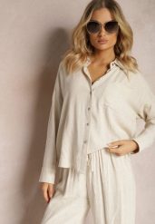 Beżowa Klasyczna Koszula z Wiskozy i Lnu Vistar. Brązowe koszule Renee, l, bez wzorów, z jeansu, eleganckie, bez kołnierzyka, bez ramiączek. W wyprzedaży za 111.99 zł.