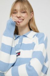 Tommy Jeans sweter damski kolor niebieski. Niebieskie swetry Tommy Jeans, l, bez wzorów, z dzianiny, bez ramiączek. Za 489.99 zł.