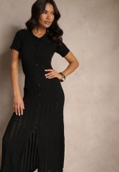 Czarna Wiskozowa Sukienka z Guzikami i Kołnierzykiem Zdobiona Koronką Alanella. Czarne sukienki Renee, na co dzień, z aplikacjami, z koronki, eleganckie, bez kołnierzyka, bez ramiączek, maxi, kopertowe. W wyprzedaży za 151.99 zł.