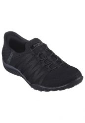 Buty sportowe Sneakersy damskie, Slip-ins: Breathe Easy - Roll With Me. Czarne buty treningowe Skechers, bez wzorów, z materiału, przed kostkę, bez zapięcia, trekkingowe. Za 299.99 zł.