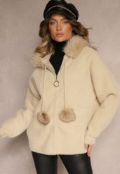 Beżowa Bluza z Wełną Wiskozą Kapturem Odpinanym Futerkiem i Pomponami Delailith. Brązowe bluzy Renee, l, bez wzorów, z jeansu, eleganckie, bez ramiączek. W wyprzedaży za 155.99 zł.