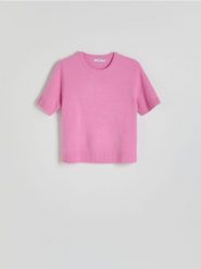 Wełniany sweter z krótkimi rękawami - różowy. Czerwone swetry Reserved, l, bez wzorów, z dzianiny, bez ramiączek. W wyprzedaży za 99.99 zł.