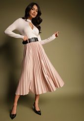 Jasnobeżowa Plisowana Spódnica Rozkloszowana z Gumką w Talii Noriri. Brązowe spódnice Renee, na co dzień, bez wzorów, eleganckie, midi, dopasowane. W wyprzedaży za 55.99 zł.
