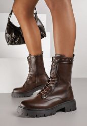 Brązowe Botki Workery z Ćwiekami przy Cholewce Arivie. Brązowe botki Born2be, bez wzorów, z jeansu, rockowe, bez obcasa, na płaskiej podeszwie, bez zapięcia. Za 159.99 zł.