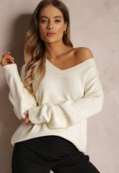 Biały Sweter z Wiskozy Oversize Conime. Białe swetry Renee, uniwersalny, z aplikacjami, z jeansu, casualowe, bez ramiączek. W wyprzedaży za 87.99 zł.