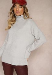 Szary Golf o Klasycznym Kroju Savelle. Szare swetry Renee, l, bez wzorów, z jeansu, eleganckie, bez ramiączek. W wyprzedaży za 87.99 zł.