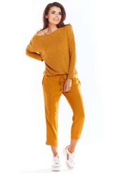 Kamelowy Dzianinowy Sweter w Łódkę o Kroju Oversize. Brązowe swetry Awama, l, bez wzorów, z dzianiny, bez ramiączek. Za 169.90 zł.