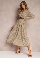 Beżowa Sukienka Rozkloszowana w Kwiaty z Paskiem Rakhila. Brązowe sukienki Renee, na co dzień, l, bez wzorów, eleganckie, bez kołnierzyka, bez ramiączek, maxi, rozkloszowane. W wyprzedaży za 111.99 zł.