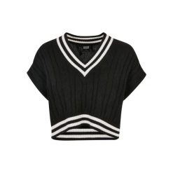 Damski krótki sweter z dzianiny Urban Classics College. Czarne swetry Urban Classics, na zimę, bez wzorów, z dzianiny, bez ramiączek. Za 191.00 zł.