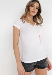 Biały T-shirt Aerippe. Białe t-shirty Born2be, l, z aplikacjami, z bawełny, klasyczne, bez kołnierzyka, bez ramiączek. W wyprzedaży za 21.24 zł.
