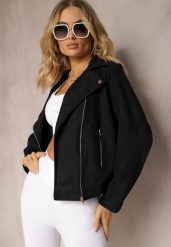 Czarna Asymetryczna Kurtka Ramoneska z Imitacji Zamszu Kmiya. Czarne kurtki Renee, l, bez wzorów, bez kaptura. W wyprzedaży za 112.49 zł.