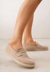 Ciemnobeżowe Mokasyny z Plecionką w Stylu Boho Galenatea. Brązowe mokasyny Renee, z aplikacjami, z jeansu. Za 69.99 zł.