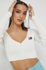 Tommy Jeans kardigan damski kolor beżowy lekki. Brązowe swetry Tommy Jeans, m, z aplikacjami, z jeansu, bez ramiączek. Za 359.99 zł.