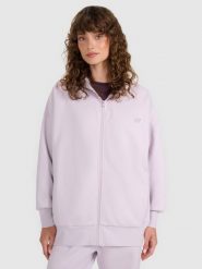 4F Bluza dresowa rozpinana z kapturem damska - fioletowa S. Fioletowe bluzy 4f, s, bez wzorów, z bawełny, klasyczne, bez ramiączek, z kapturem. Za 179.99 zł.