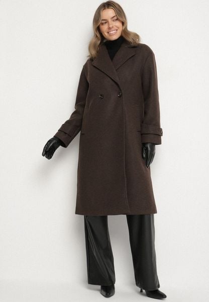 Brązowy Dwurzędowy Płaszcz Oversize z Wełny i Wiskozy w Eleganckim Stylu Tiliavia. Brązowe płaszcze Born2be, m, z aplikacjami, z dzianiny, eleganckie, bez kaptura. Za 269.99 zł.