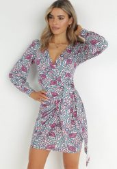 Różowo-Fioletowa Kopertowa Sukienka z Długim Rękawem Teuila. Czerwone sukienki Born2be, l, bez wzorów, z tkaniny, eleganckie, bez kołnierzyka, bez ramiączek, maxi, kopertowe. W wyprzedaży za 118.99 zł.