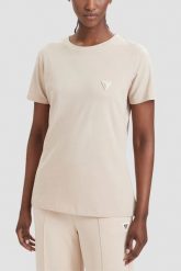 GUESS Kremowy damski t-shirt na krótki rękaw Colette, Rozmiar M. Brązowe t-shirty Guess, m, z aplikacjami, eleganckie, bez kołnierzyka, bez ramiączek. W wyprzedaży za 159.99 zł.