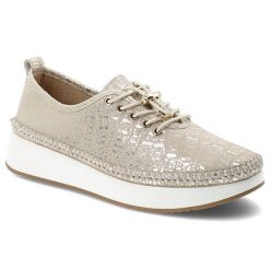 Półbuty damskie Filippo, cholewka ze skóry naturalnej z delikatnym metalicznym połyskiem wiązany fason z zabudowanym przodem, złote, DP7535/26. Żółte półbuty wsuwane Filippo, bez wzorów, ze skóry, bez obcasa, na płaskiej podeszwie. Za 179.00 zł.