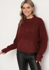 Bordowy Klasyczny Sweter z Wełną Sassitha. Czerwone swetry Born2be, m, bez wzorów, z jeansu, casualowe, bez ramiączek. W wyprzedaży za 118.99 zł.