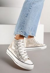 Złote Trampki z Wysoką Tłoczoną Cholewką Willevia. Żółte trampki Renee, bez wzorów, z jeansu, eleganckie, przed kolano, bez zapięcia. W wyprzedaży za 67.99 zł.