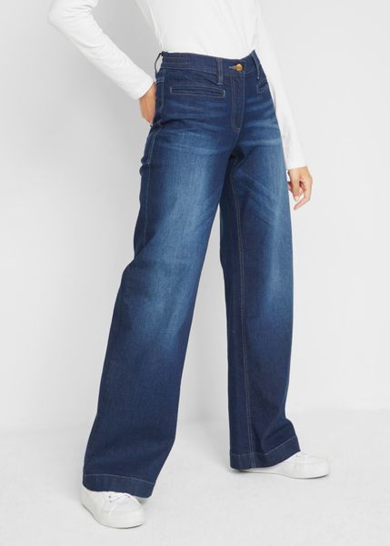 Dżinsy wide leg, mid waist, elastyczna gumka w talii. Niebieskie jeansy bonprix, bez wzorów, z bawełny. Za 144.99 zł.