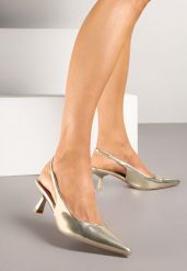 Złote Sandały na Obcasie Typu Kaczuszka Bez Pięty Sallinna. Żółte sandały Renee, z aplikacjami, z jeansu, eleganckie, bez obcasa, na obcasie, bez zapięcia. Za 99.99 zł.