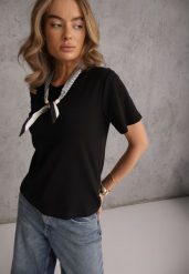 Czarny Bawełniany T-shirt Hillswor Ozdobiony Apaszką. Czarne t-shirty Renee, l, bez wzorów, z bawełny, eleganckie, bez kołnierzyka, bez ramiączek. Za 69.99 zł.