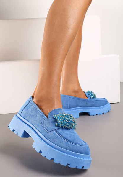 Niebieskie Mokasyny z Aplikacją z Biżuteryjnych Koralików Viatalia. Niebieskie mokasyny Renee, z aplikacjami, z bawełny. Za 109.99 zł.