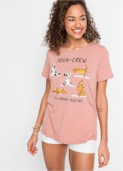 T-shirt z nadrukiem. Fioletowe t-shirty bonprix, bez wzorów, bez kołnierzyka, bez ramiączek. Za 64.99 zł.