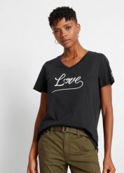 T-shirt z nadrukiem. Czarne t-shirty bonprix, bez wzorów, bez kołnierzyka, bez ramiączek. Za 39.99 zł.