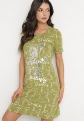 Jasnozielona Bawełniana Sukienka o T-shirtowym Kroju z Ozdobnym Nadrukiem Feviressa. Zielone sukienki Born2be, na co dzień, m, bez wzorów, z bawełny, eleganckie, bez kołnierzyka, bez ramiączek, mini. W wyprzedaży za 38.24 zł.