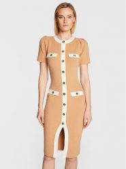 Elisabetta Franchi Sukienka dzianinowa AM-69Q-26E2-V470 Beżowy Slim Fit. Brązowe sukienki Elisabetta Franchi, bez wzorów, z dzianiny, bez kołnierzyka, bez ramiączek. Za 2,659.00 zł.