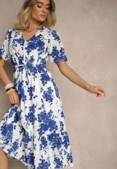 Niebieska Bawełniana Sukienka Rozkloszowana Ażurowa w Kwiatowy Print Velbia. Niebieskie sukienki Renee, na co dzień, m, w ażurowe wzory, z bawełny, eleganckie, bez kołnierzyka, bez ramiączek, midi, proste. W wyprzedaży za 107.99 zł.
