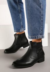 Czarne Płaskie Botki Ozdobione Nitami i Paskiem Emithvin. Czarne botki Renee, bez wzorów, z jeansu, eleganckie, bez obcasa, na obcasie, bez zapięcia. W wyprzedaży za 45.49 zł.