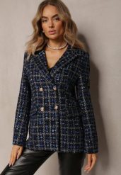 Czarno-Granatowa Tweedowa Marynarka Dwurzędowa Zapinana na Biżuteryjne Guziki Nallet. Czarne marynarki i żakiety Renee, l, bez wzorów, eleganckie, bez ramiączek. W wyprzedaży za 195.99 zł.