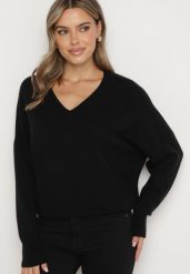 Czarny Sweter z Dekoltem w V z Domieszką Kaszmiru Mariara. Czarne swetry Born2be, uniwersalny, bez wzorów, z jeansu, bez ramiączek. Za 109.99 zł.