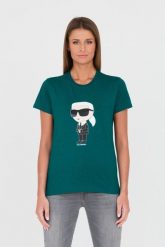 KARL LAGERFELD Zielony t-shirt Karl. Zielone t-shirty KARL LAGERFELD, s, bez wzorów, bez kołnierzyka, bez ramiączek. W wyprzedaży za 299.99 zł.