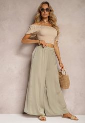 Jasnozielone Wiskozowe Spodnie Szerokie High Waist Rissalene. Brązowe jeansy Renee, l, bez wzorów, z jeansu, biznesowe, z podwyższonym stanem. W wyprzedaży za 39.99 zł.