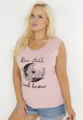 Różowy Tank Top z Nadrukiem i Okrągłym Dekoltem Irinka. Czerwone topy Born2be, xl, bez wzorów, bez kołnierzyka, bez ramiączek. Za 59.99 zł.