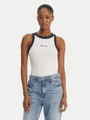 Guess Jeans Top W6GPZ8 KF641 Biały Slim Fit. Białe topy Guess Jeans, xxl, z aplikacjami, z jeansu, bez kołnierzyka, bez ramiączek. Za 159.99 zł.