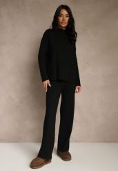 Czarny Komplet Dzianinowy Spodnie o Szerokim Kroju i Sweter Półgolf Datusa. Czarne swetry Renee, l, bez wzorów, z dzianiny, eleganckie, bez ramiączek. Za 159.99 zł.