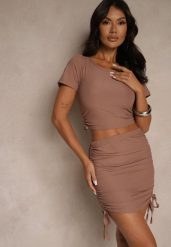 Brązowy Komplet z Bawełną Dopasowana Spódnica ze Ściągaczami i Bluzka Luneriela. Brązowe bluzki Renee, bez wzorów, z bawełny, eleganckie, bez kołnierzyka, bez ramiączek. W wyprzedaży za 55.99 zł.