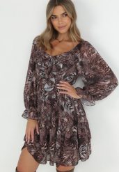 Brązowa Sukienka Tassa. Brązowe sukienki Born2be, m, z aplikacjami, boho, bez kołnierzyka, bez ramiączek, mini, rozkloszowane. W wyprzedaży za 90.99 zł.